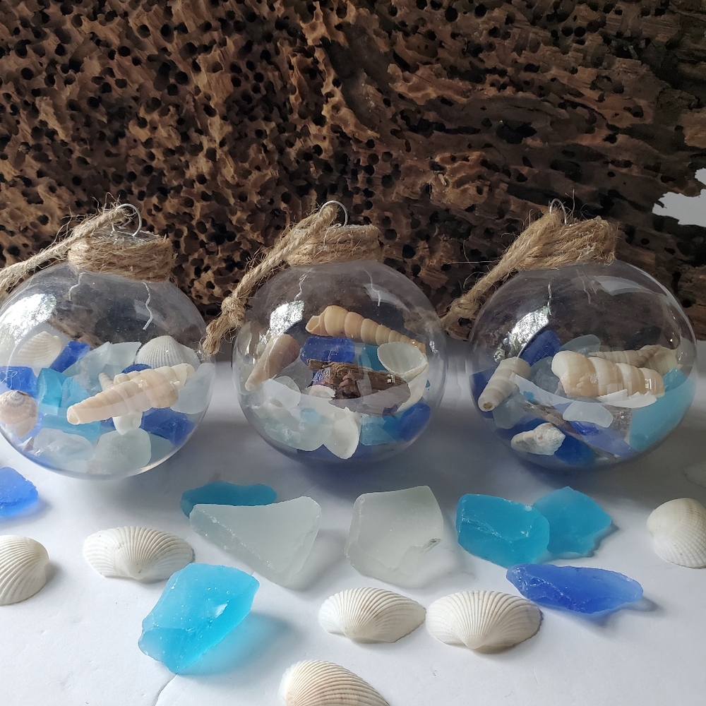 Beach-Themed Plastic Ornaments with Blue Tumbled Glass & Shells Set  of Three